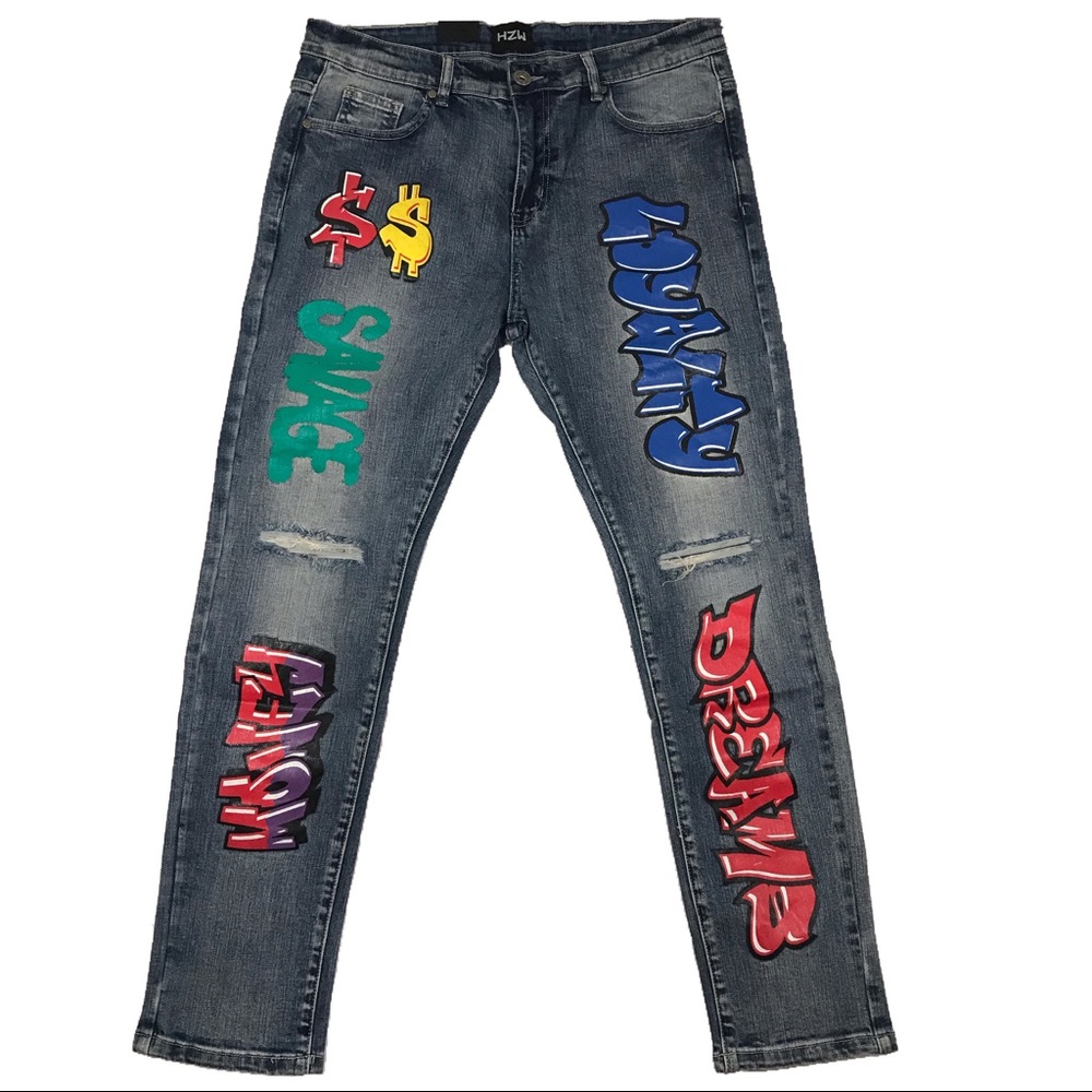 Men’s “Money Dreams” Graffiti Jeans. Sizes 34-40.